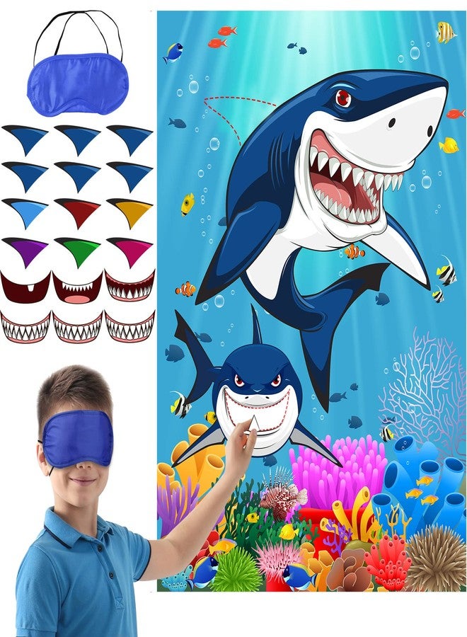 Nezyo Pin The Fin on The Shark Games Set Shark Game Poster with 12 Pcs Fins Stickers 12 Pcs Teeth Stickers 2 Pcs Blindfolds for Kids Family Classroom Activities Birthday Party Decoration Supplies - Image 1