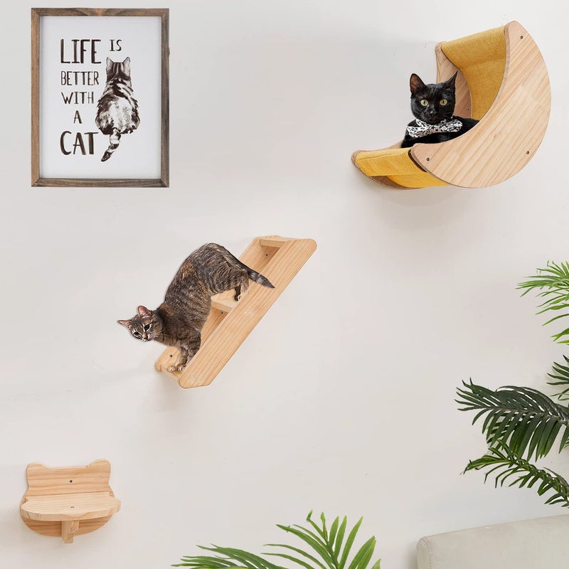 Cat Shelf for Wall Hammock Climbing Shelves and Perches Solid Wood Cat Steps for Activity Indoor Cats Wall Furniture 3pcsSet