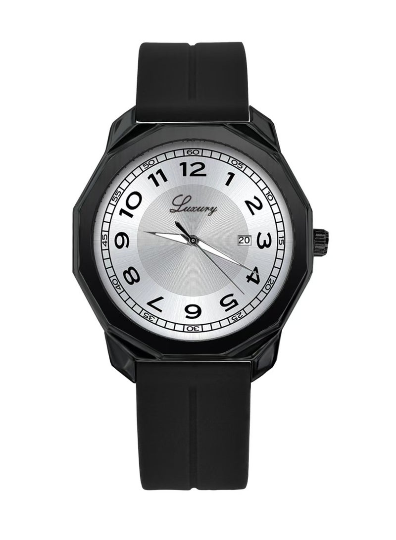 ساعة يد رجالية ربل أرقام عربية ضد الماء وبجوة عالية سوار أسود مع ميناء فضي