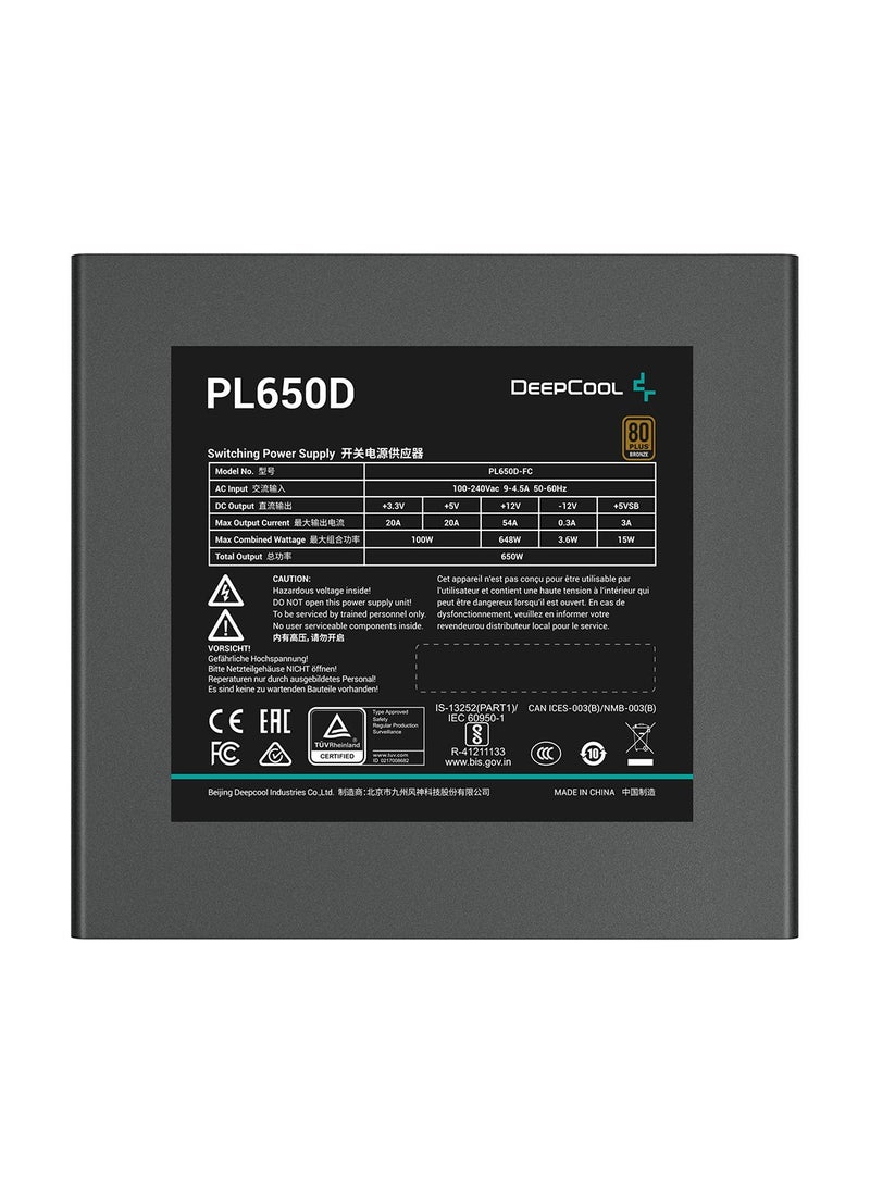 DEEPCOOL - PL750D 80 PLUS Bronze Non-Modular Power Supply, 750W Power, ATX12V V3.0, Hydro Bearing 120mm Fan, Chinese Electrolytic Capacitors, Active PFC + DC to DC, Black | R-PL750D-FC0B-UK - Image 1