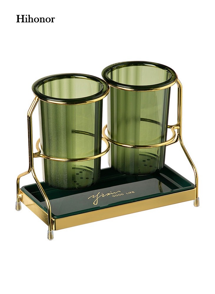 Hihonor Utensil Holder, 2 Cup Cutlery Caddy with Metal Rack, Removable Drip Tray, Drain Hole Base, Dual Compartment PP PET Cups, Kitchen Countertop Organizer, Sink Table Storage, Green - Image 2