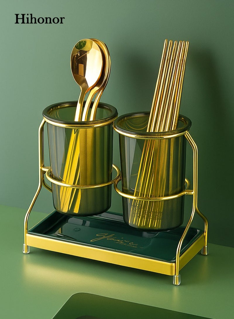 Hihonor Utensil Holder, 2 Cup Cutlery Caddy with Metal Rack, Removable Drip Tray, Drain Hole Base, Dual Compartment PP PET Cups, Kitchen Countertop Organizer, Sink Table Storage, Green - Image 1