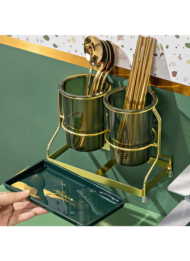 Hihonor 2-Piece Tableware Caddy with Metal Rack, Kitchen Utensil Holder Crock,Utensil Holder Flatware Caddy Cutlery Storage Organizer for Kitchen Table,Kitchen Tool Utensil Storage Holder (Green)  - Image 5
