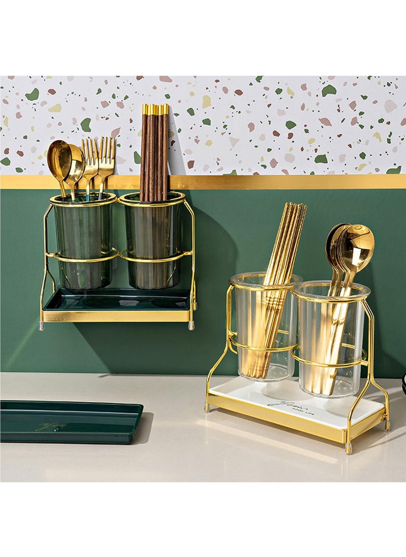 Hihonor 2-Piece Tableware Caddy with Metal Rack, Kitchen Utensil Holder Crock,Utensil Holder Flatware Caddy Cutlery Storage Organizer for Kitchen Table,Kitchen Tool Utensil Storage Holder (Green)  - Image 4
