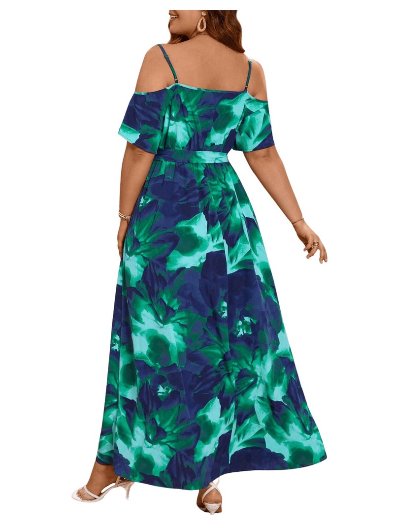 Floerns Women's Plus Size Cold Shoulder Short Sleeve Split Thigh Long Dress Blue and Green - Image 3
