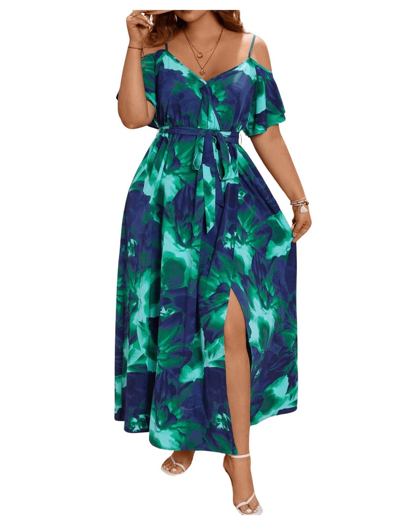 Floerns Women's Plus Size Cold Shoulder Short Sleeve Split Thigh Long Dress Blue and Green - Image 2