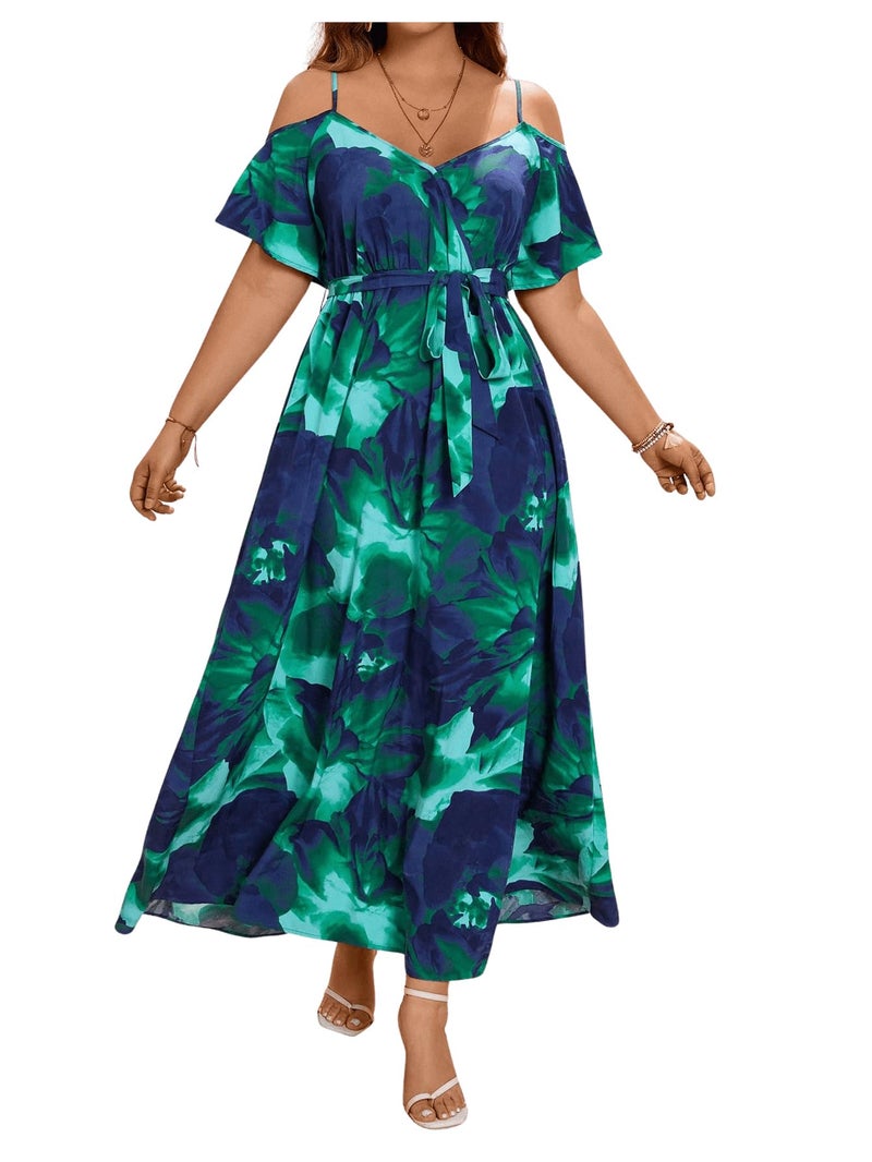 Floerns Women's Plus Size Cold Shoulder Short Sleeve Split Thigh Long Dress Blue and Green - Image 4