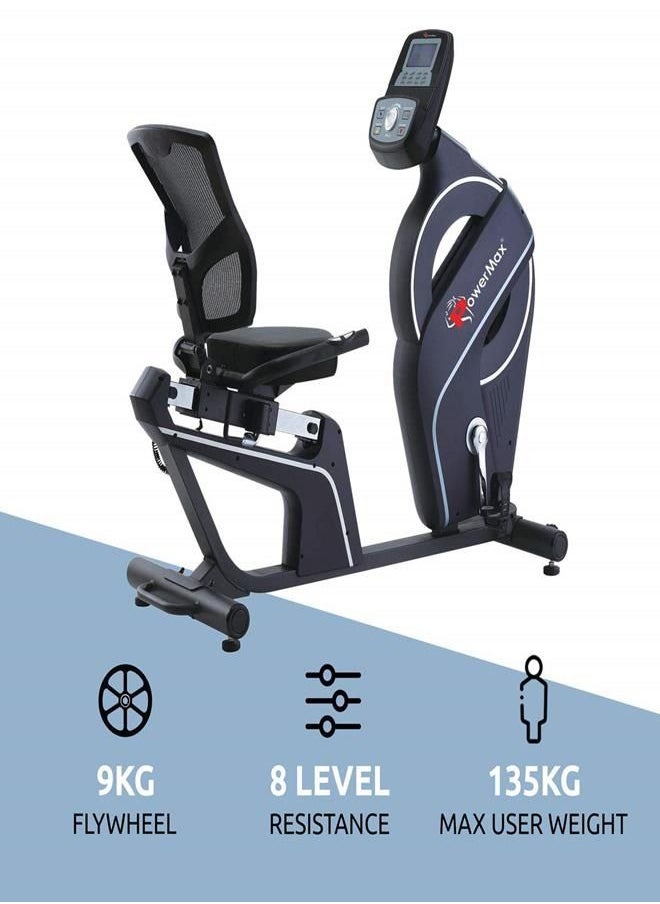 PowerMax Fitness PowerMax Fitness® BR-900 Exercise Recumbent Bike with Hand Pulse, Adjustable Resistance, Max User Weight 135kg,9KG Flywheel for Cardio Training Workout at Home, Black  - Image 2