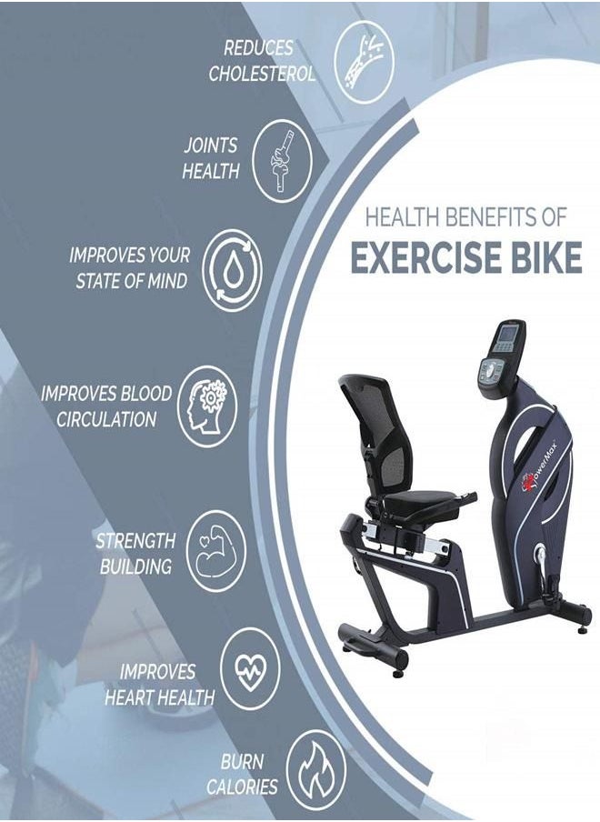 PowerMax Fitness PowerMax Fitness® BR-900 Exercise Recumbent Bike with Hand Pulse, Adjustable Resistance, Max User Weight 135kg,9KG Flywheel for Cardio Training Workout at Home, Black  - Image 5