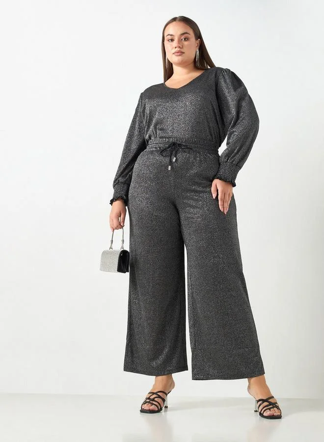 Ulla Popken Plus Size Ulla Popken Textured Pants with Drawstring Closure