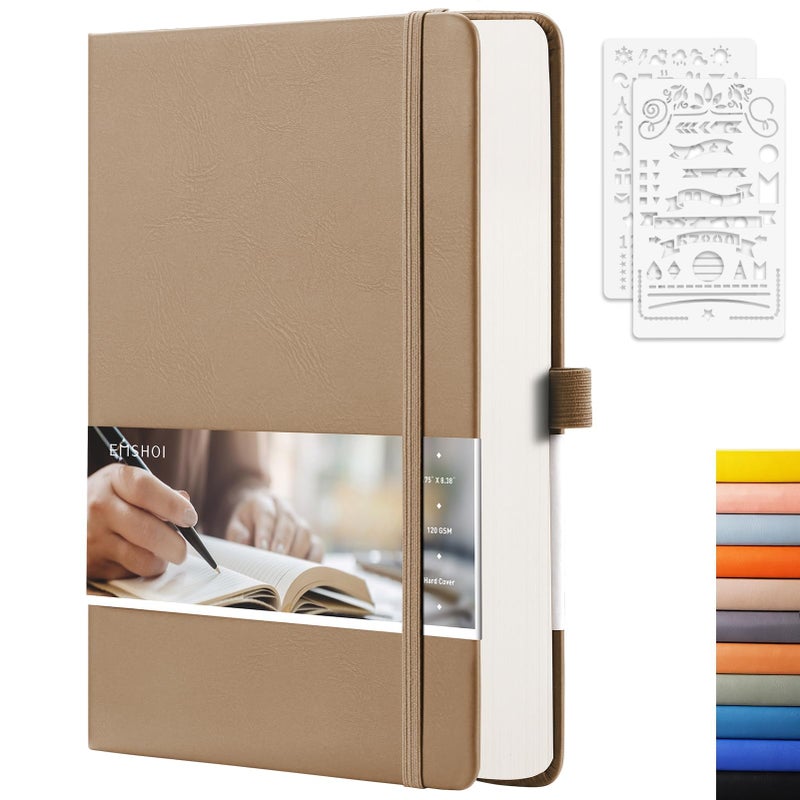 EMSHOI A5 Dotted Notebook Journal, 256 Pages 120gsm Thick Dotted Paper, Hardcover Leather Journal with Pen Holder & Inner Pocket, Dot Grid Notebook for Bullet Journaling, 5.75"x8.38", Khaki - Image 1