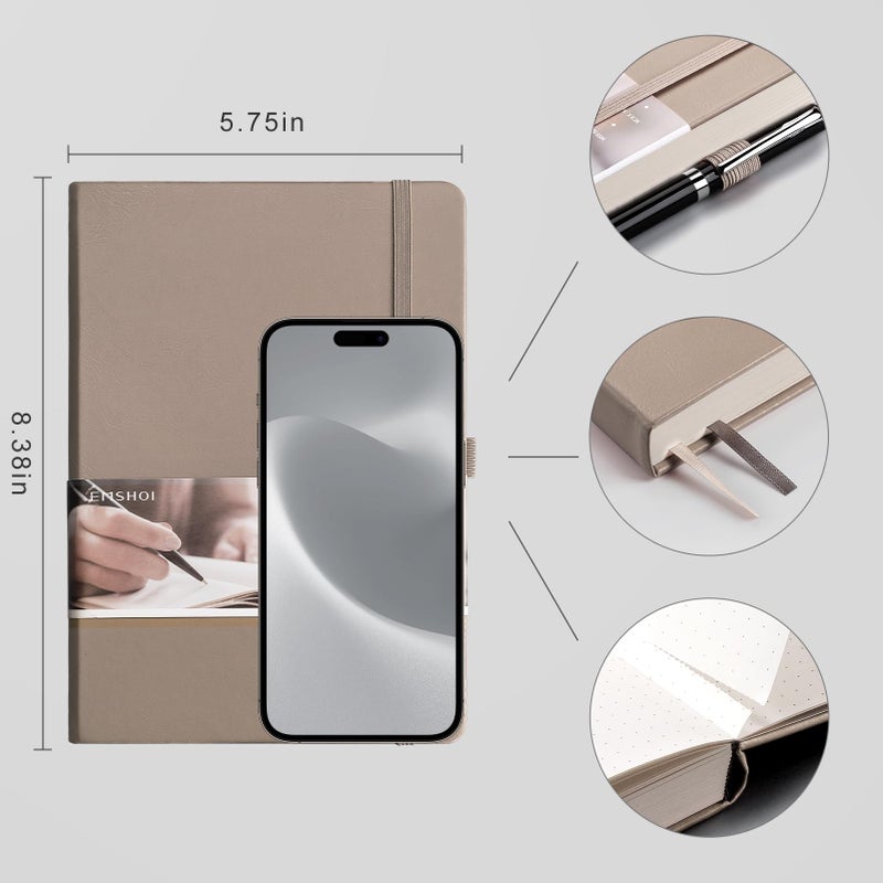 EMSHOI A5 Dotted Notebook Journal, 256 Pages 120gsm Thick Dotted Paper, Hardcover Leather Journal with Pen Holder & Inner Pocket, Dot Grid Notebook for Bullet Journaling, 5.75"x8.38", Khaki - Image 4