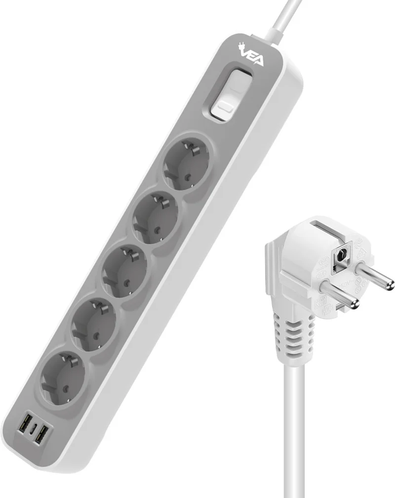 AYT Vea VE-NOVA105U A Class 1.5 Meter Group Socket with 5 Switches and 2 USB 4000 Watt 16 Ampere Extension Cable