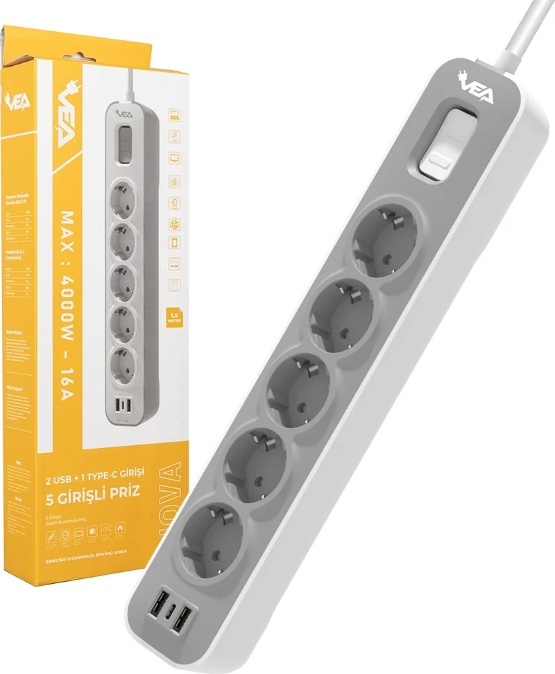AYT Vea VE-NOVA105U A Class 1.5 Meter Group Socket with 5 Switches and 2 USB 4000 Watt 16 Ampere Extension Cable