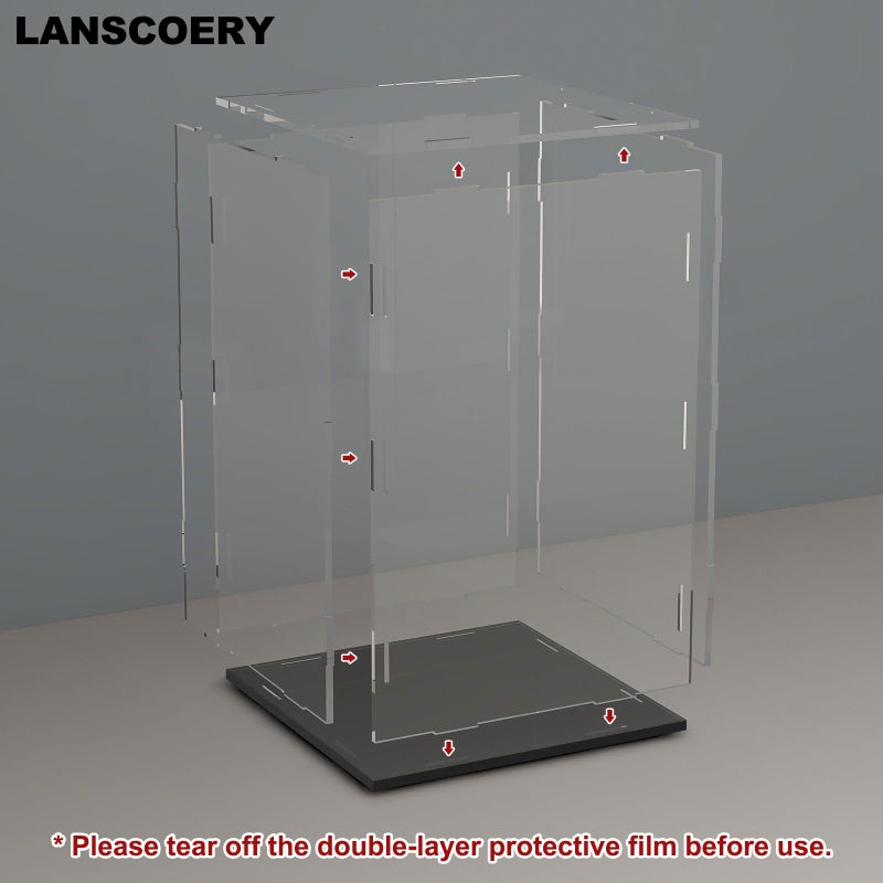 LANSCOERY Acrylic Display Case, Assemble Small Showcase Display Box for Collectibles, with Dustproof & Seamless Display Design 4.7x4.7x7inch Black Base - Image 5