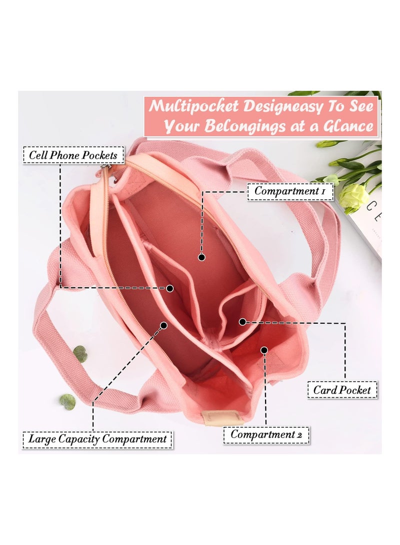 Excefore Canvas Tote Bag for Women, Multi-Pocket Handbags Tote Purse Shoulder Bags with Zipper Large Capacity Crossbody Bag for School Shopping Travel Work Daily Use Pink - Image 2