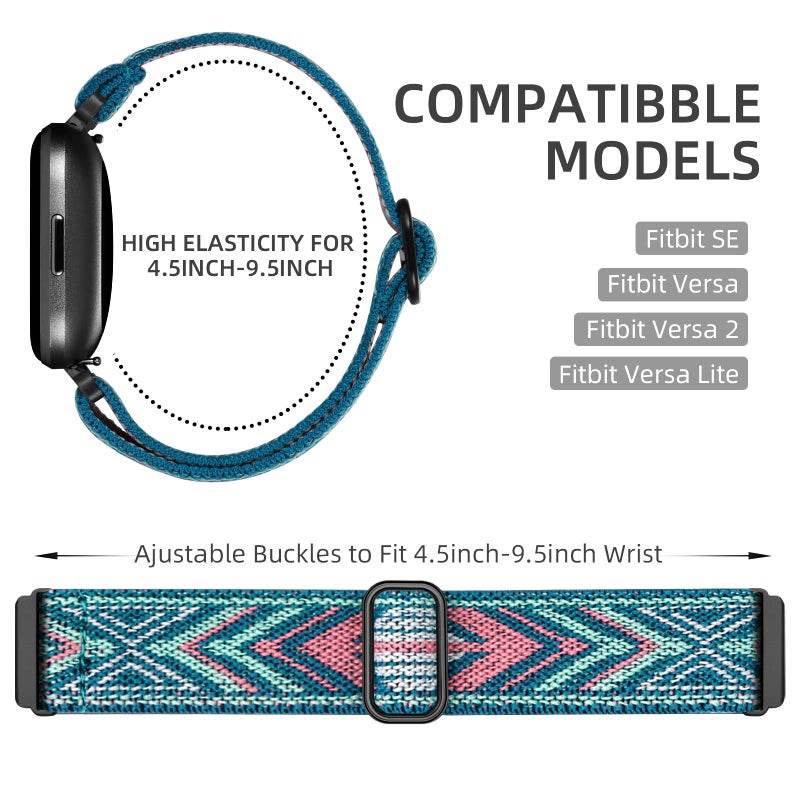 DaQin Elastic Sport Nylon Band Compatible with Fitbit Versa 2 Watch Bands Women Men, 5 Pack Adjustable Stretchy Solo Loop Wristband for Versa/Versa Lite/SE/Fitbit Versa 2 Bands Women of Smartwatch - Image 2