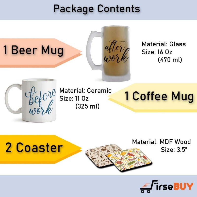 FirseBUY Funny Combo Gift Set Before Work and After Work Coffee and Beer Mug with 2 Coasters for Men or Women - Image 4