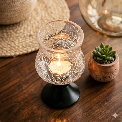 Pure Source India Crackle Glass Tealight Candle Holder - Decorative Item for Home Office Living Room (Transparent) - Image 2