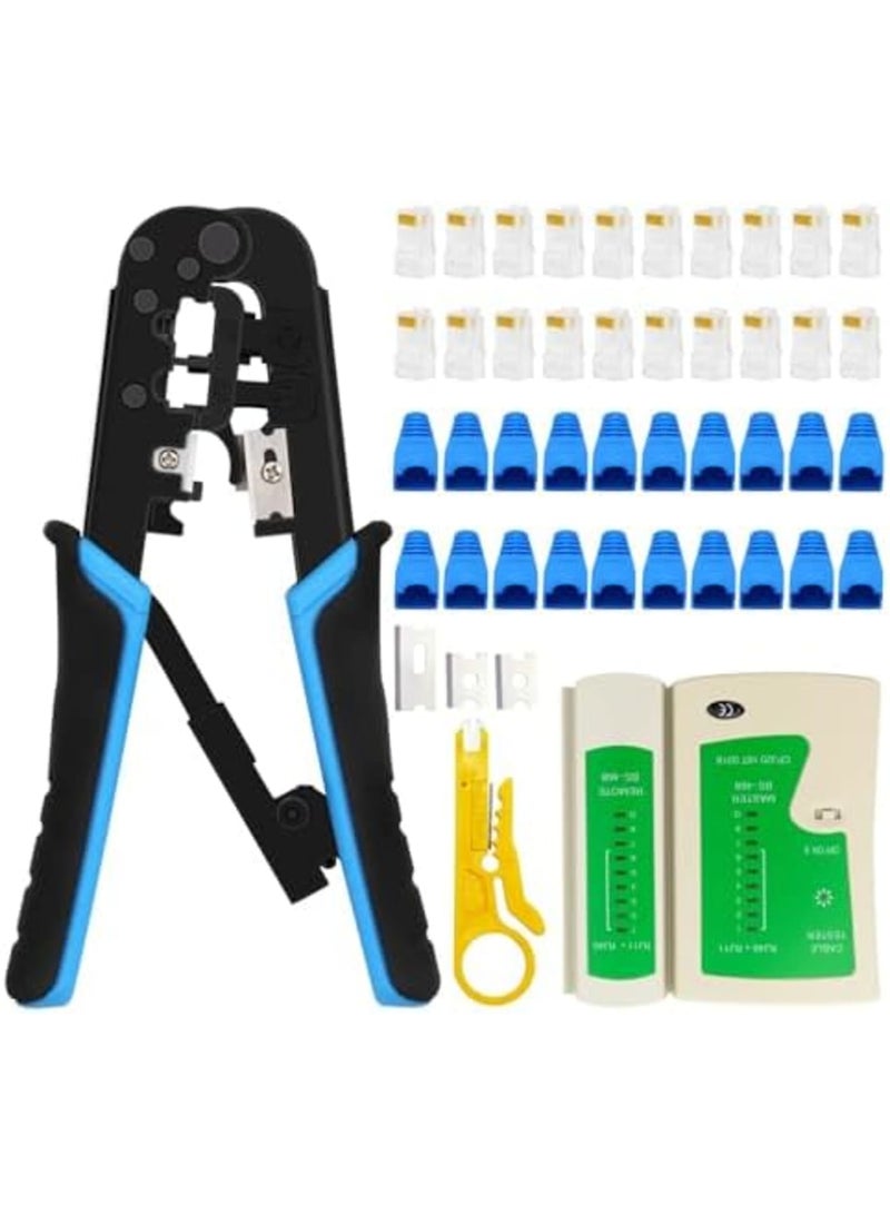 Luckam Professional RJ45 Crimping Tool Kit for Cat5/Cat6 Ethernet Cables - Includes 50 Pass-Through Connectors, 50 RJ45 Boots, and Mini Wire Stripper for Network Cable Testing - Image 1