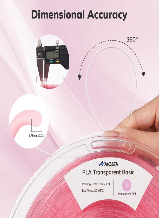 AMOLEN 3D Printer Filament Crystal PLA Transparent 1.75mm, Crystal Pink Clear Printing, Low Warping & No-Bubbles, Dimensional Accuracy +/- 0.02 mm, Fits Most FDM 3D Printers, 1kg Spool(2.2lbs) - Image 2