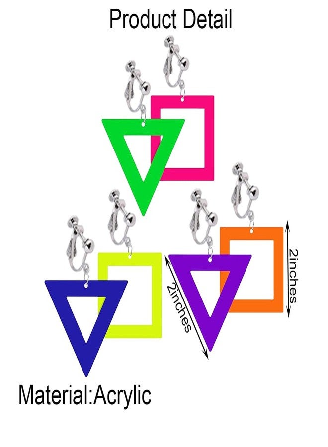 Modpide 3 Pairs 80s 90s Neon Clip on Earrings for Women Retro Asymmetric Acrylic Drop Dangle Earrings for 80's Outfit Party Halloween Accessories (style A) - Image 2