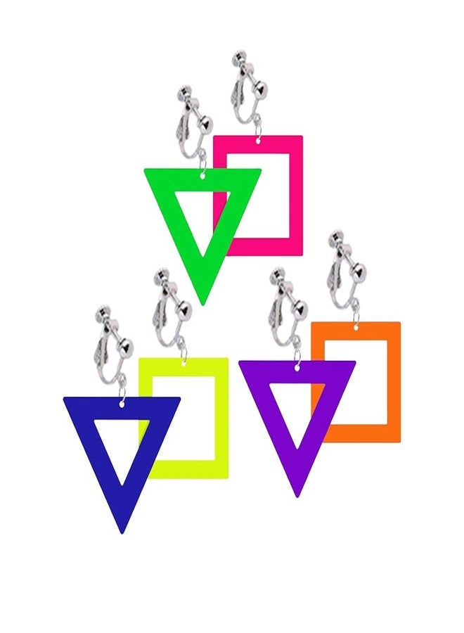 Modpide 3 Pairs 80s 90s Neon Clip on Earrings for Women Retro Asymmetric Acrylic Drop Dangle Earrings for 80's Outfit Party Halloween Accessories (style A) - Image 1