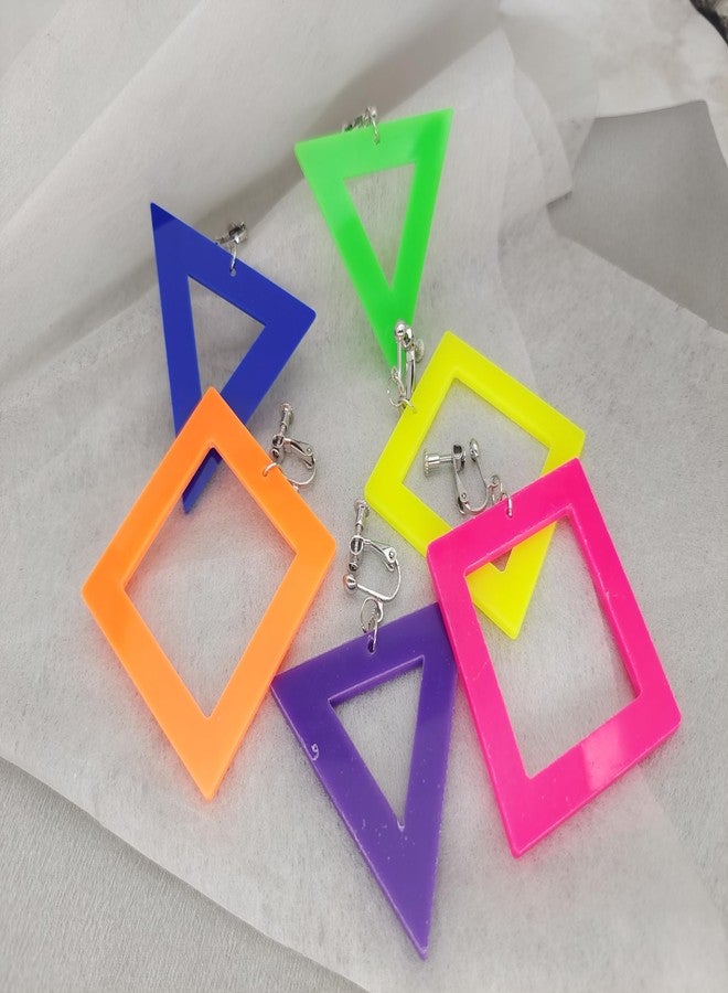 Modpide 3 Pairs 80s 90s Neon Clip on Earrings for Women Retro Asymmetric Acrylic Drop Dangle Earrings for 80's Outfit Party Halloween Accessories (style A) - Image 3