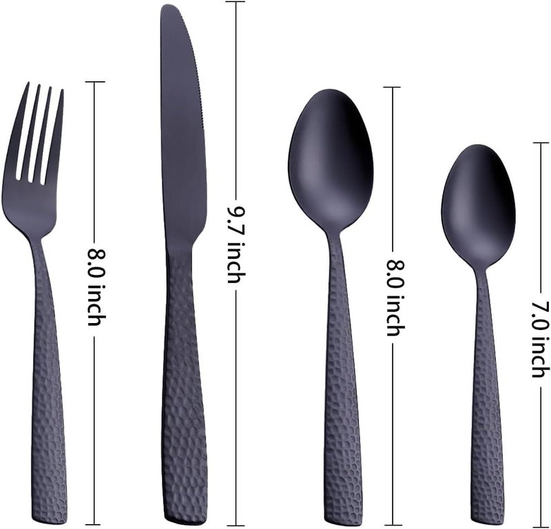 FULLYWARE Matte Black 24 Pcs Silverware Flatware Set of 6 FULLYWARE Stainless Steel Hammered Tableware Cutlery Set Includes Fork Spoon Knife for Home Kitchens Dishwasher Safe - Image 3