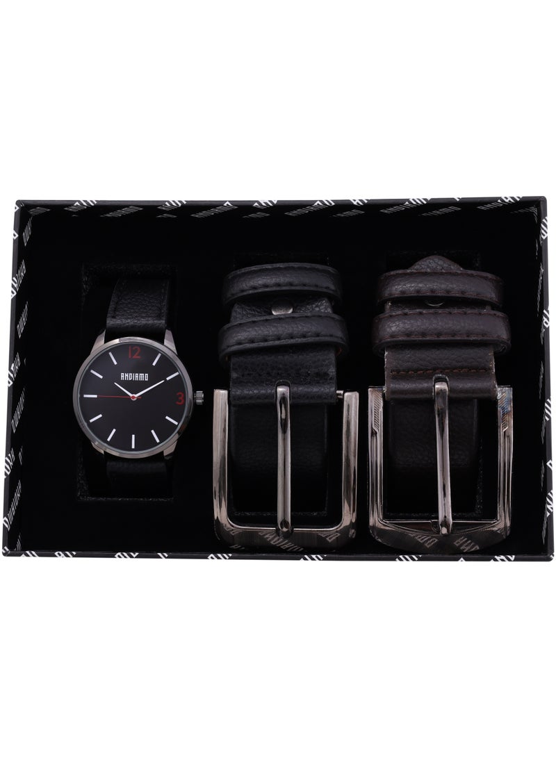 ANDIAMO Men's Analog Metal Case Black Dial Black Leather Strap, Leather Belt Set 