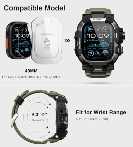 ULTIMAL Rugged Case with Band for Apple Watch 49mm,Compatible with Apple Watch Ultra 3/2/1, Military Grade Shockproof Bumper Cover for iWatch Tactical Band Men (49mm,Army Green) - Image 3
