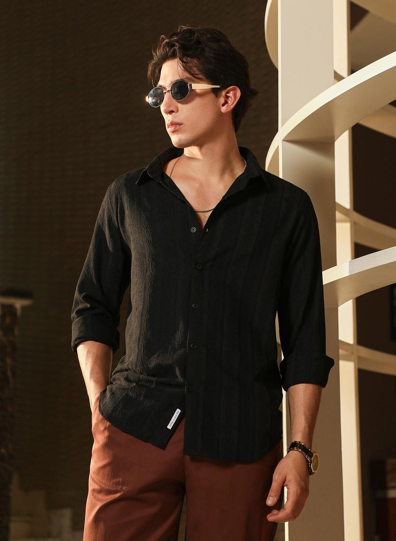 Campus Sutra Campus Sutra Men's Onyx Black Duo-Panel Jacquard Shirt | Spread Collar , Long  Cuffed Sleeves , Button Closure | Solid Jacquard | Polyester Blend Shirt For Casual Wear - Image 1
