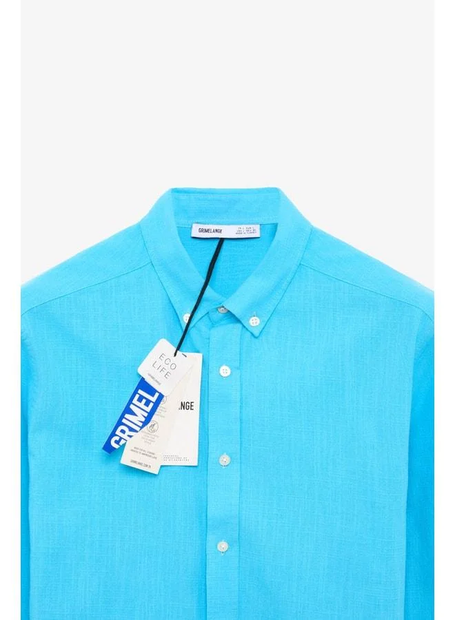 Grimelange Perttu Men's 100% Cotton Slim Fit Narrow Cut Button-Down Collar Linen-Look Flannel Turquoise Shirt.