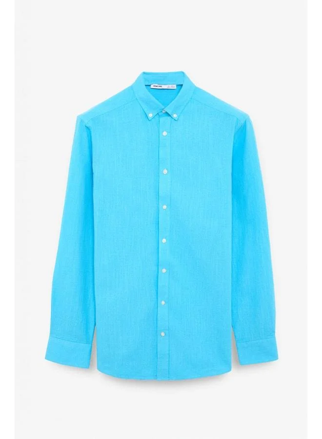 Grimelange Perttu Men's 100% Cotton Slim Fit Narrow Cut Button-Down Collar Linen-Look Flannel Turquoise Shirt.
