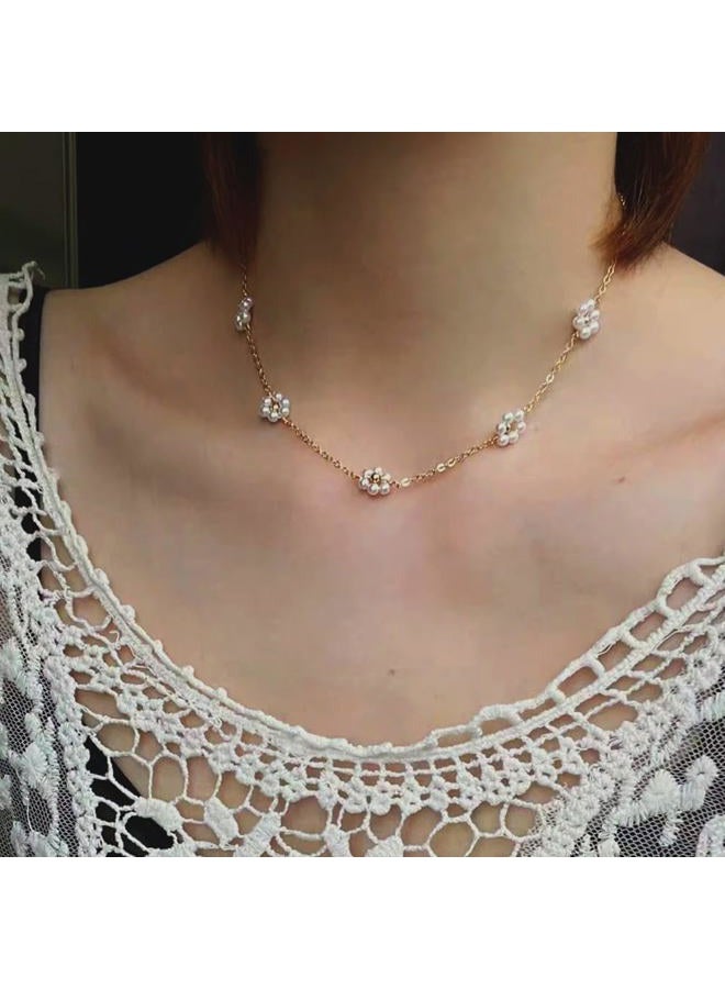 Xeyai Daisy Pearl Necklaces for Women, Dainty Gold Plated Cute Flower Handmade Simple Pearl Collars Necklaces for Women Trendy for Anniversary Birthday Gifts - Image 5