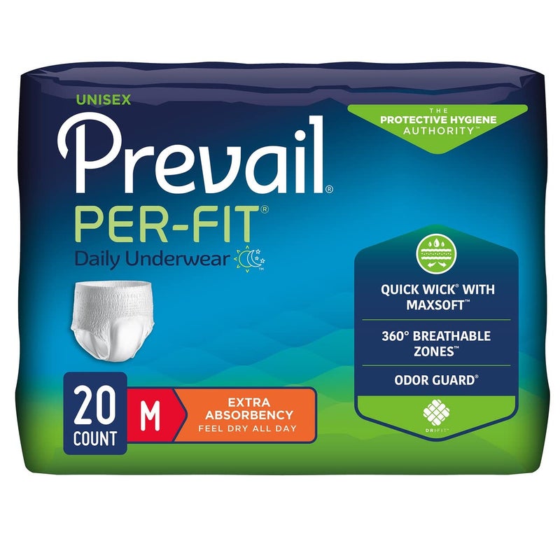 Prevail Per-Fit Daily Protective Underwear, Unisex Adult Disposable Adult Diaper for Men & Women, Extra Absorbency, Medium, 20 Count Bag