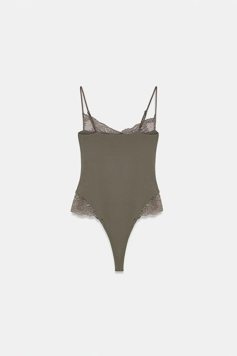 Dilvin Khaki Green DILVIN Lace Sleeveless Slim-fit Bodysuit Blouse for Women | Best Price UAE
