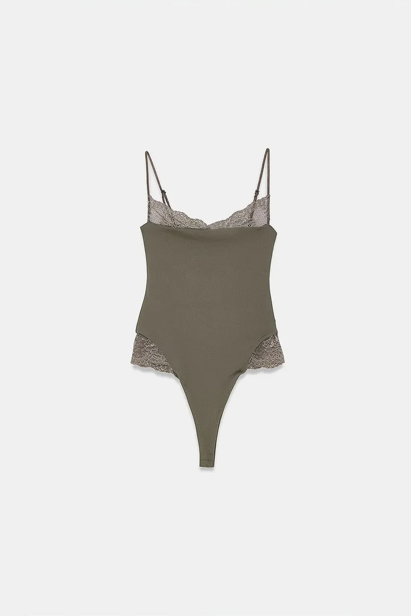 Dilvin Khaki Green DILVIN Lace Sleeveless Slim-fit Bodysuit Blouse for Women | Best Price UAE