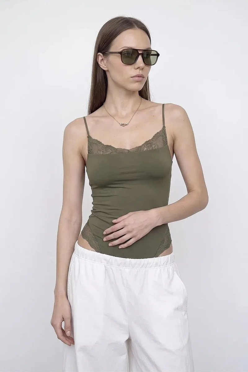Dilvin Khaki Green DILVIN Lace Sleeveless Slim-fit Bodysuit Blouse for Women | Best Price UAE