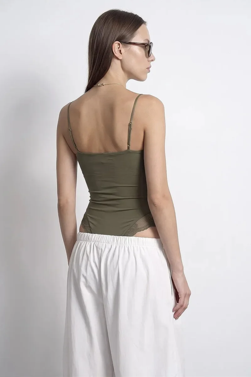 Dilvin Khaki Green DILVIN Lace Sleeveless Slim-fit Bodysuit Blouse for Women | Best Price UAE