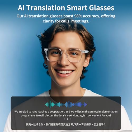 Tulbeys AI Translator Smart Glasses, Real-Time Bilingual Translation, Bluetooth Glasses with Photochromic Lenses 160+ Languages, Lightweight Design for Travel & Business - Blue Frame and White Legs - Image 5