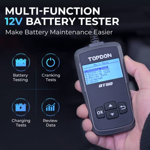 Topdon Car Battery Tester 12V, TOPDON BT50, Automotive 100-2000 CCA Battery Load Tester Cranking and Charging System Auto Test Scan Tool Digital Battery Alternator Analyzer (Upgraded Version of AB101) - Image 2