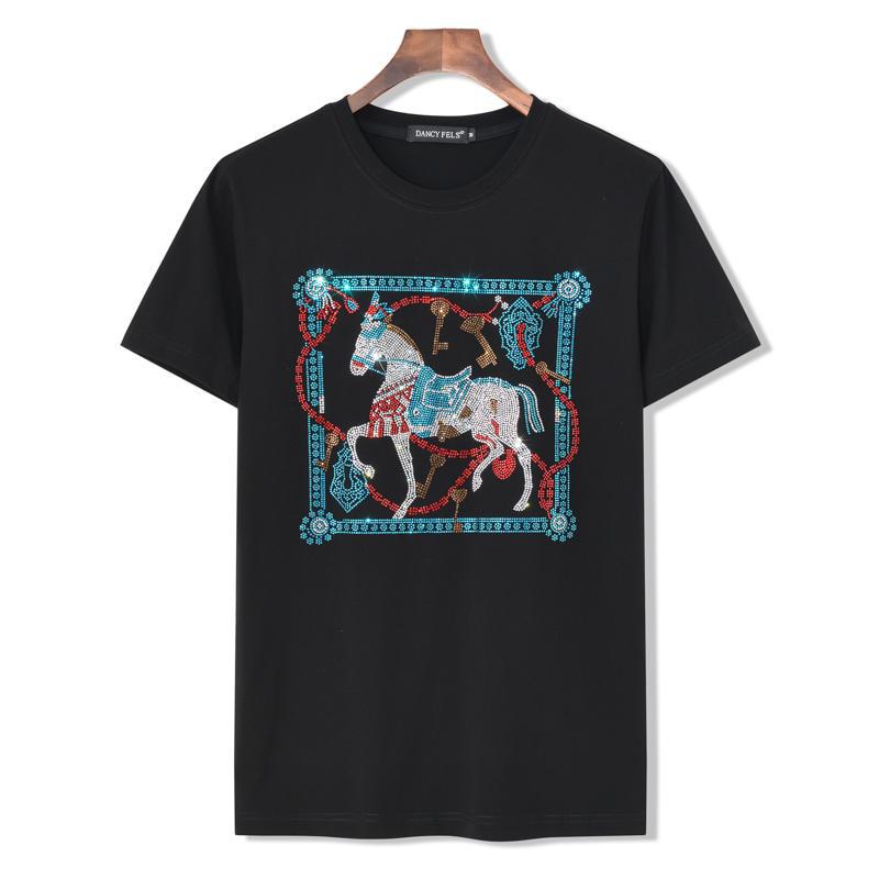 Trendy Brand Social Men's and Women's Same Size Cotton Horse Pattern Hot Drilling Short-sleeved T-shirt Men's Couple's Half-sleeved Hong Kong Style - Image 2