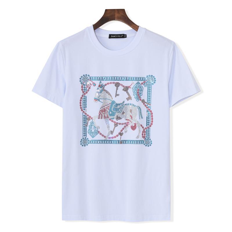 Trendy Brand Social Men's and Women's Same Size Cotton Horse Pattern Hot Drilling Short-sleeved T-shirt Men's Couple's Half-sleeved Hong Kong Style - Image 1