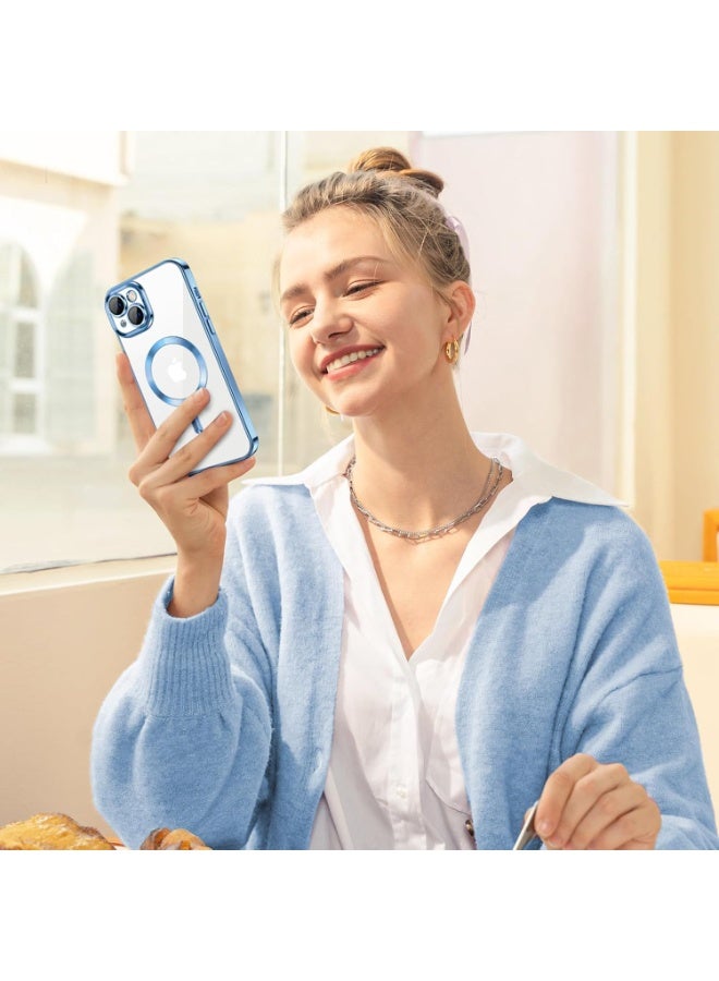 Electroplated Case For IPhone 14 Plus/15 Plus Camera Lens Full Protection Compatible with MagSafe Wireless Charging, Shockproof Soft TPU Phone Magnetic Cover (Sierra Blue) - Image 2