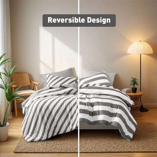 Regency Heights Reversible Striped Queen Comforter Set, Soft Microfiber Bedding Set with Double-Sided Stripes Design, Warm & Cozy for All-Seasons, 3-Piece Comforter and Shams Set Queen Size, Charcoal - Image 3