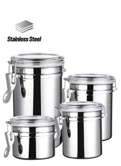 4 PCS Stainless Steel Airtight Canister Set, 4 inch Metal Food Storage Containers with Lids & Locking Clamp, Wide Opening Washable Reusable Canister Sets for Tea, Coffee, Nut, Snack, Four Sizes