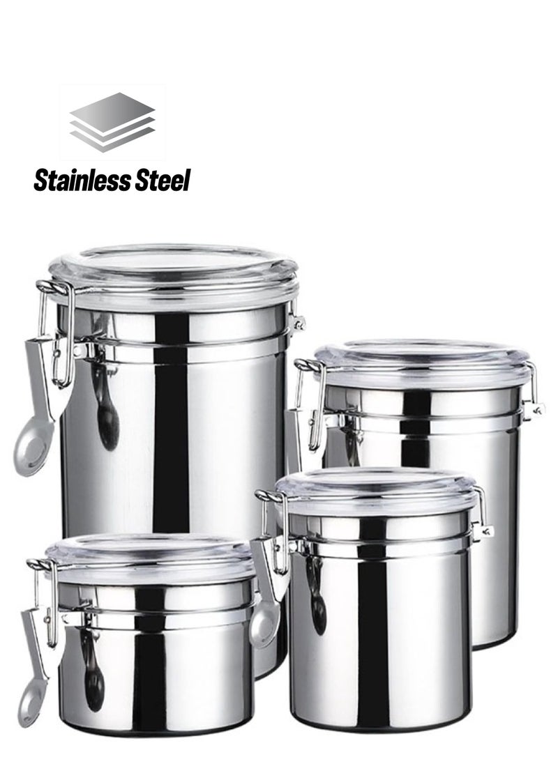 Hihonor - 4 PCS Stainless Steel Airtight Canister Set, 4 inch Metal Food Storage Containers with Lids & Locking Clamp, Wide Opening Washable Reusable Canister Sets for Tea, Coffee, Nut, Snack, Four Sizes - Image 1
