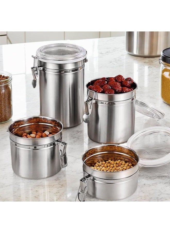 Hihonor - 4 PCS Stainless Steel Airtight Canister Set, 4 inch Metal Food Storage Containers with Lids & Locking Clamp, Wide Opening Washable Reusable Canister Sets for Tea, Coffee, Nut, Snack, Four Sizes - Image 1