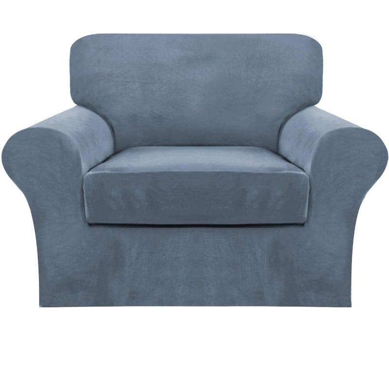 FantasDecor 2 Piece Chair Sofa Covers Velvet for Living Room Slipcovers with Individual Cushion Elastic Furniture Protector for Pets Machine Washable Armchair Stone Blue